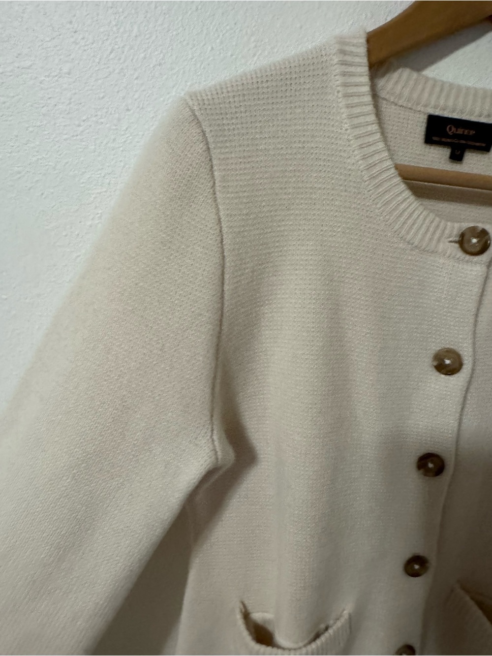 Quince 100% Mongolian Cashmere Structured Cardigan Ivory Button Pockets-Medium - Picture 4 of 8